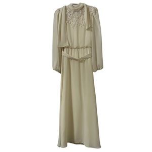 Mister Jay 70s Ivory Floral Bohemian Gown Victorian Mock Neck Maxi Dress Size 12